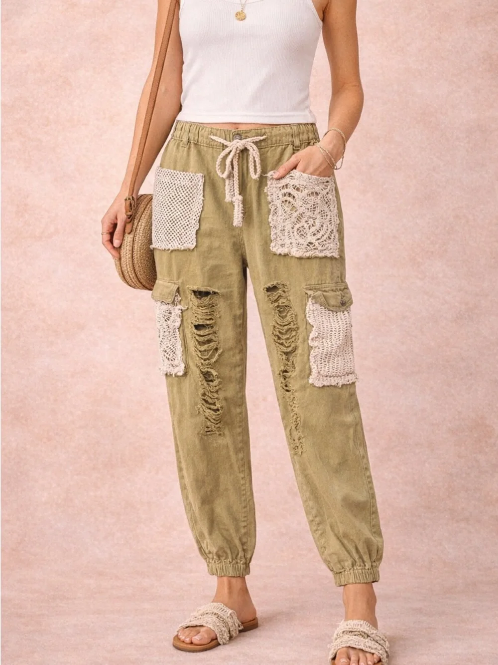 POL Boutique Boho Patchwork Jogger Jeans SZ M High Waisted Distressed Baggy Fit - Picture 1 of 8